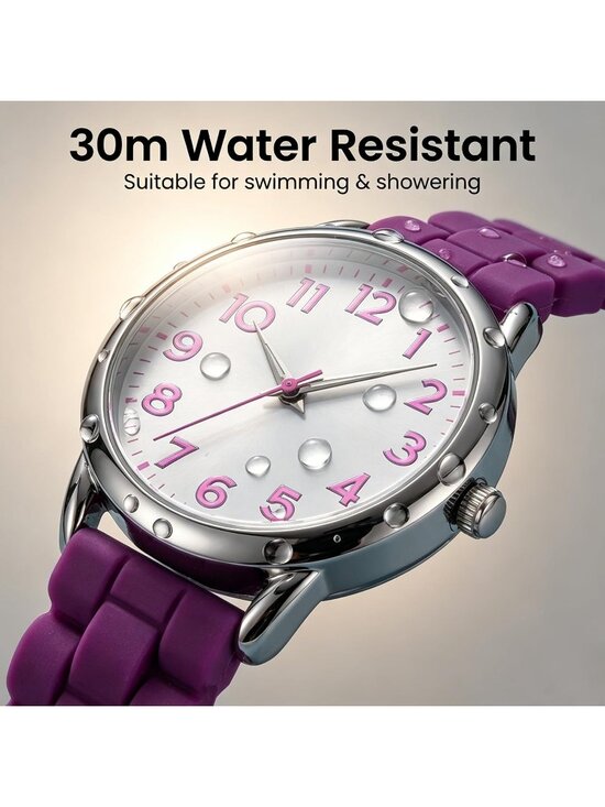 Women\'s Purple Big Face Easy Reader Silicone Strap Waterproof 35MM Wrist Watch main image 4